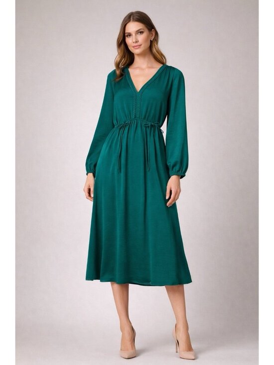 Kobi Halperin Dresses & Skirts - Kobi Halperin Sari Emerald Green Ruched Waist Midi Dress Long Sleeve M
